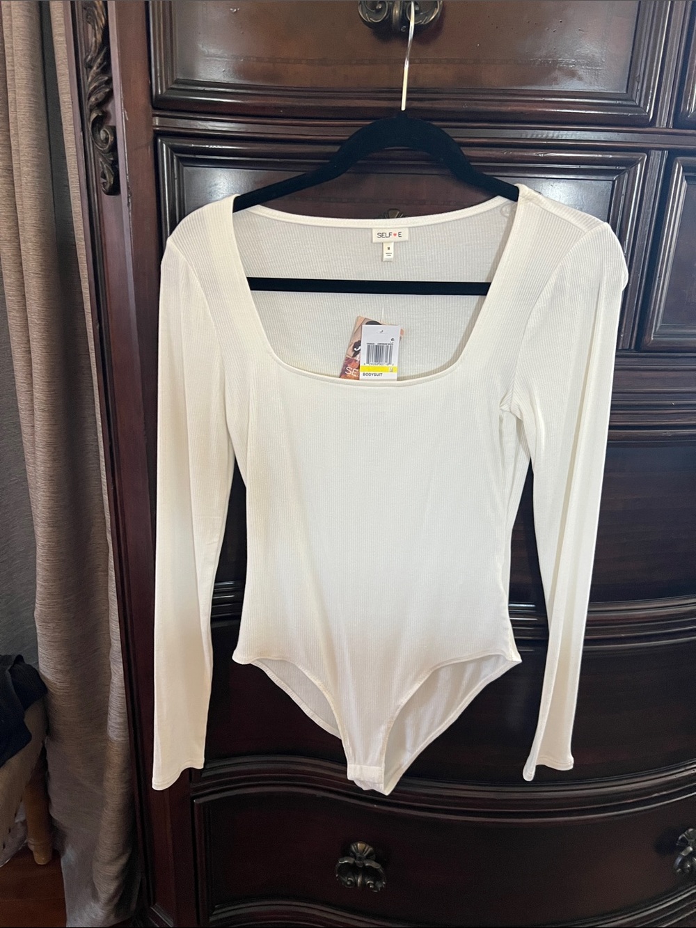 Self-E White Long-Sleeve Scoop Neck Bodysuit